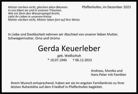 Traueranzeige von Gerda Keuerleber von GESAMT