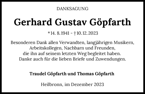 Traueranzeige von Gerhard Gustav Göpfarth von GESAMT