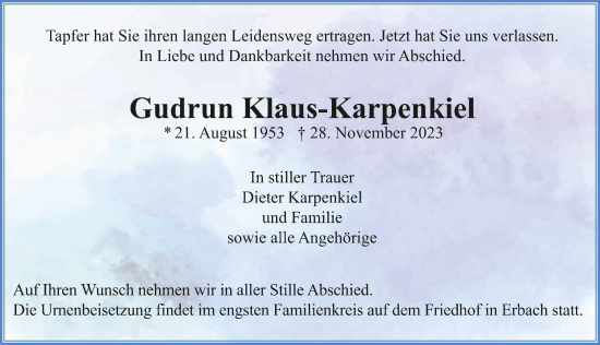 Traueranzeige von Gudrun Klaus-Karpenkiel von GESAMT