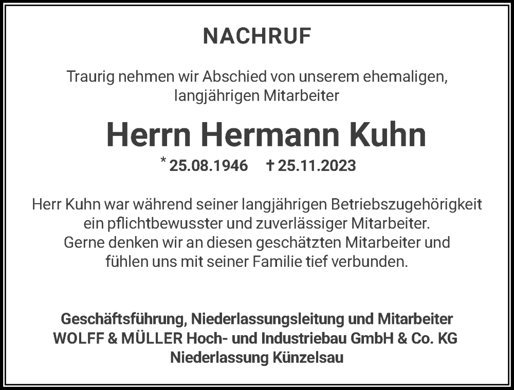  Traueranzeige für Hermann Kuhn vom 01.12.2023 aus GESAMT
