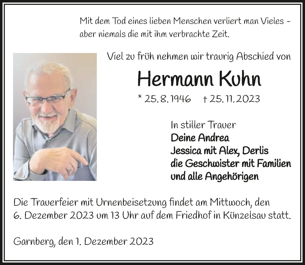 Traueranzeige für Hermann Kuhn vom 01.12.2023 aus GESAMT