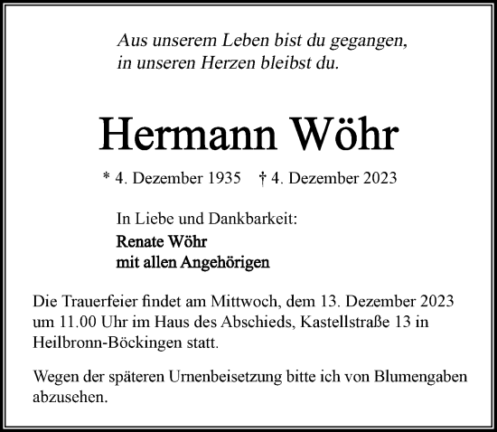 Traueranzeige von Hermann Wöhr