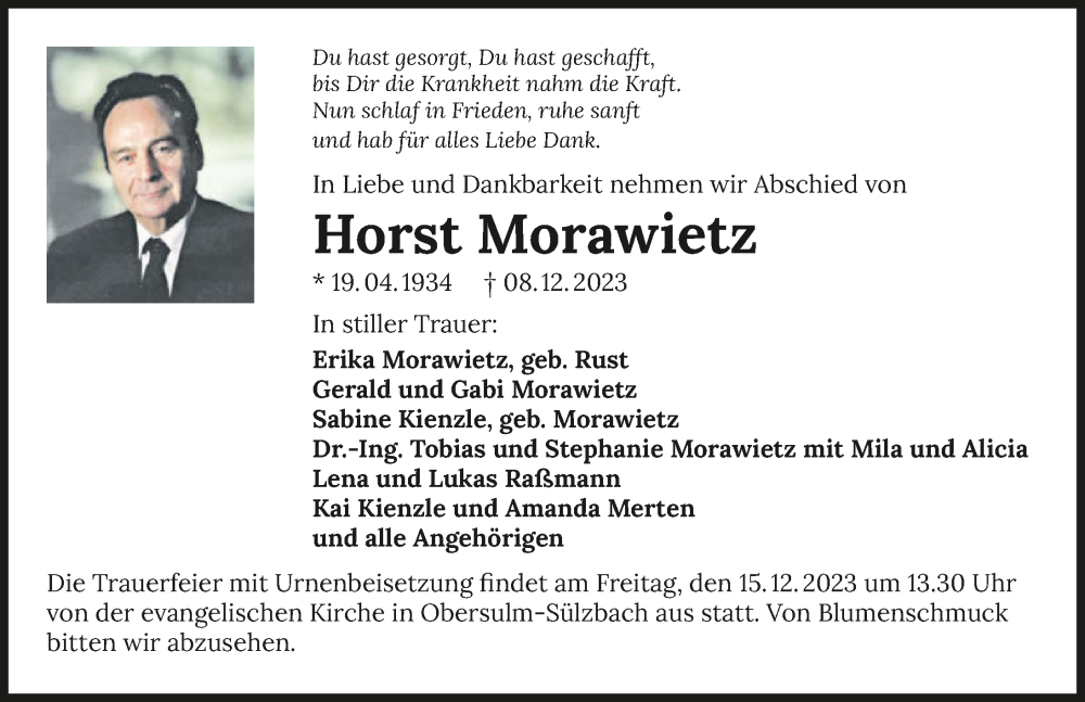  Traueranzeige für Horst Morawietz vom 12.12.2023 aus GESAMT