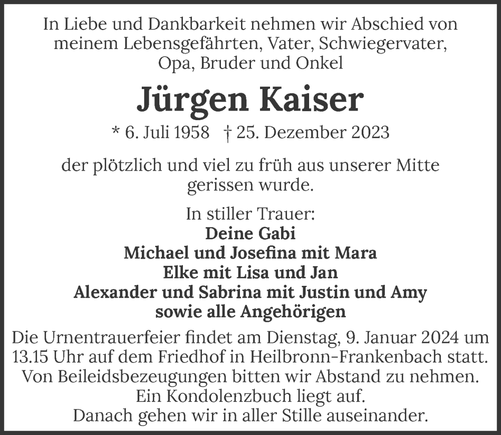  Traueranzeige für Jürgen Kaiser vom 30.12.2023 aus GESAMT