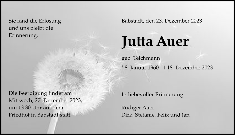  Traueranzeige für Jutta Auer vom 23.12.2023 aus GESAMT