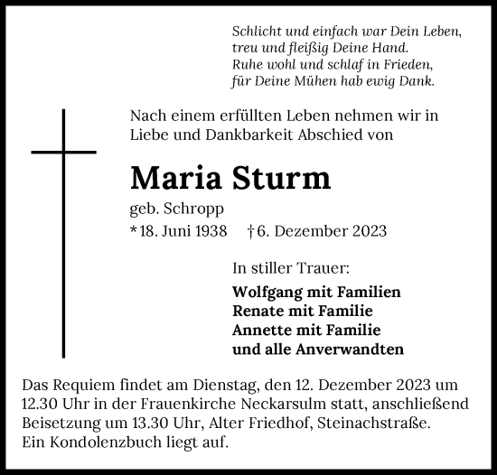 Traueranzeige von Maria Sturm von GESAMT