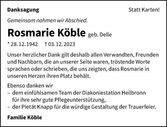 Traueranzeige von Rosmarie Köble von GESAMT