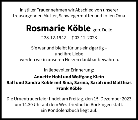 Traueranzeige von Rosmarie Köble von GESAMT