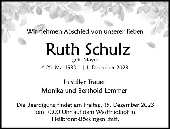 Traueranzeige von Ruth Schulz