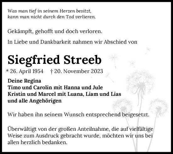 Traueranzeige von Siegfried Streeb von GESAMT