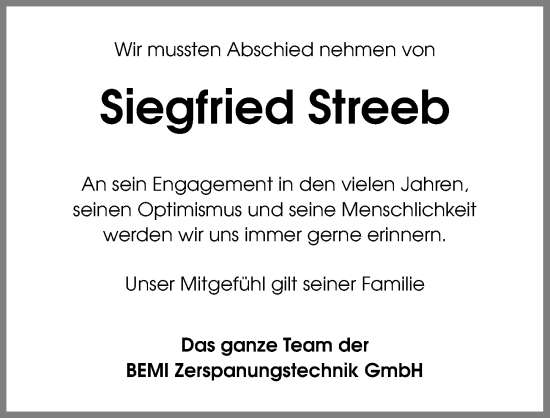 Traueranzeige von Siegfried Streeb von GESAMT