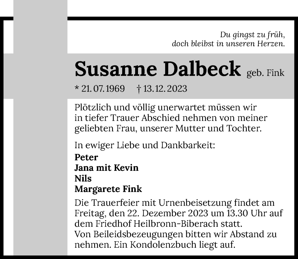  Traueranzeige für Susanne Dalbeck vom 16.12.2023 aus GESAMT