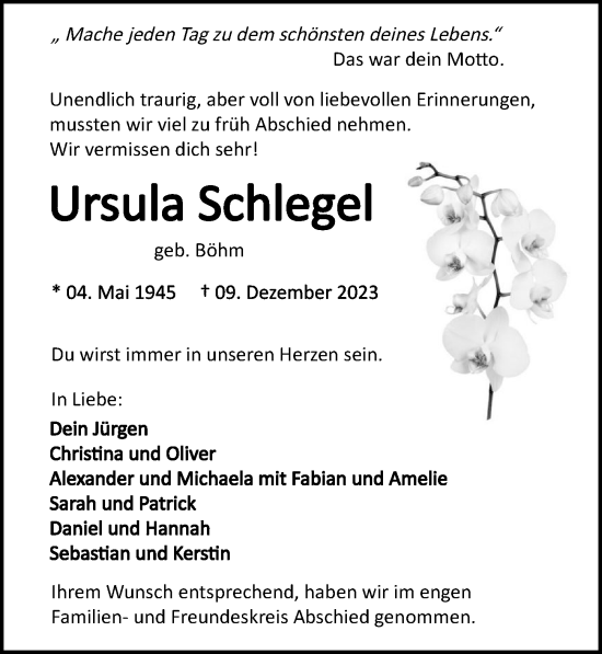 Traueranzeige von Ursula Schlegel von GESAMT