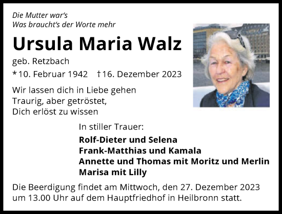 Traueranzeige von Ursula Maria Walz von GESAMT