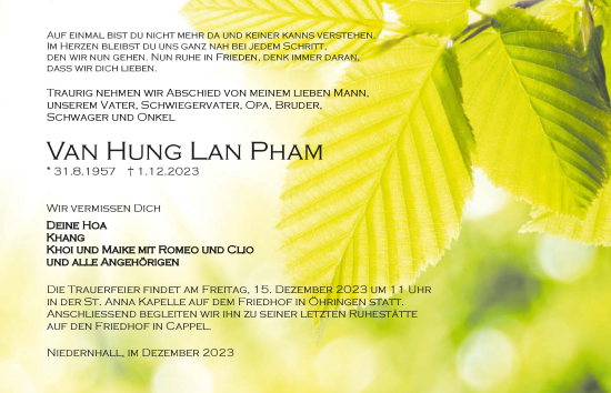 Traueranzeige von Van Hung  Lan Pham von GESAMT