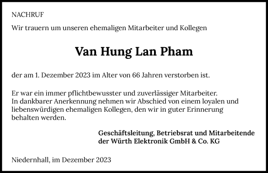 Traueranzeige von Van Hung  Lan Pham von GESAMT