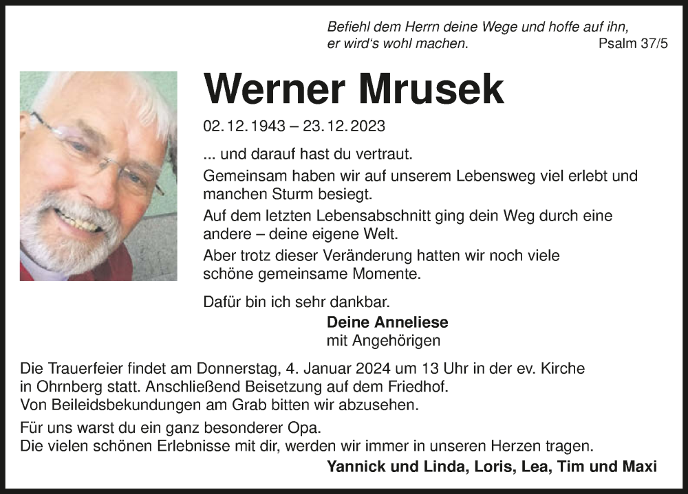  Traueranzeige für Werner Mrusek vom 30.12.2023 aus GESAMT