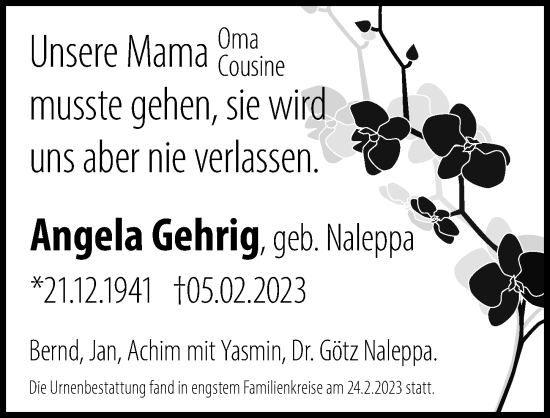 Traueranzeige von Angela Gehrig von GESAMT