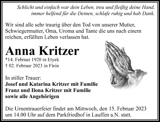 Traueranzeige von Anna Kritzer von GESAMT