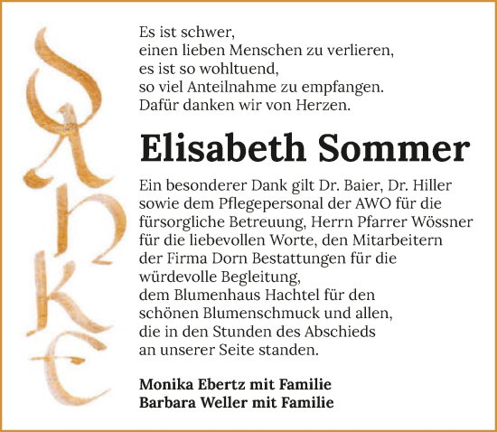 Traueranzeige von Elisabeth Sommer von GESAMT