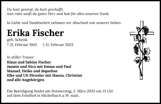 Traueranzeige von Erika Fischer von GESAMT