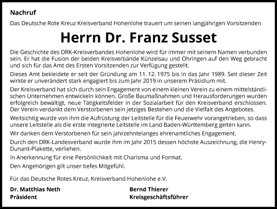 Traueranzeige von Franz Susset von GESAMT