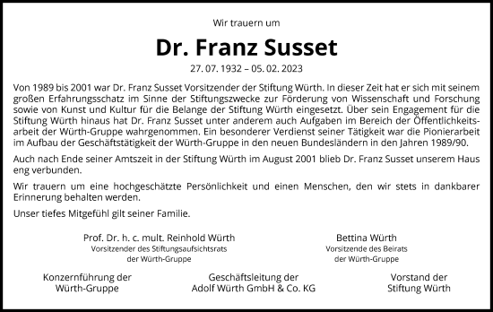 Traueranzeige von Franz Susset von GESAMT