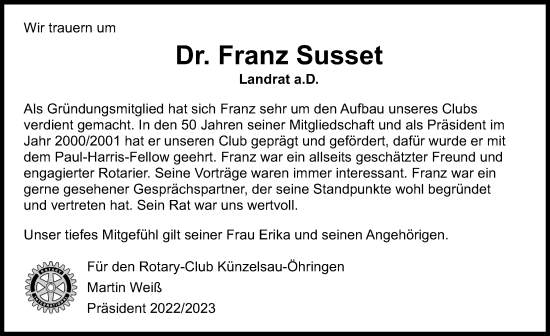 Traueranzeige von Franz Susset von GESAMT