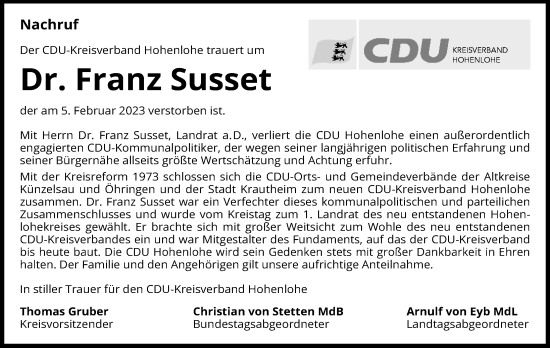 Traueranzeige von Franz Susset von GESAMT