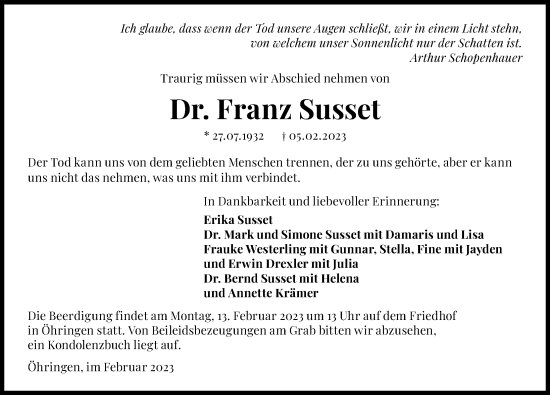 Traueranzeige von Franz Susset von GESAMT