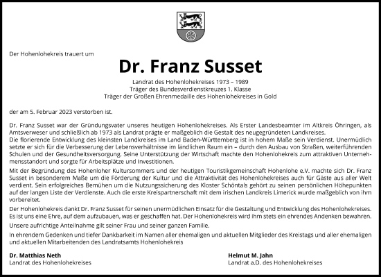 Traueranzeige von Franz Susset von GESAMT