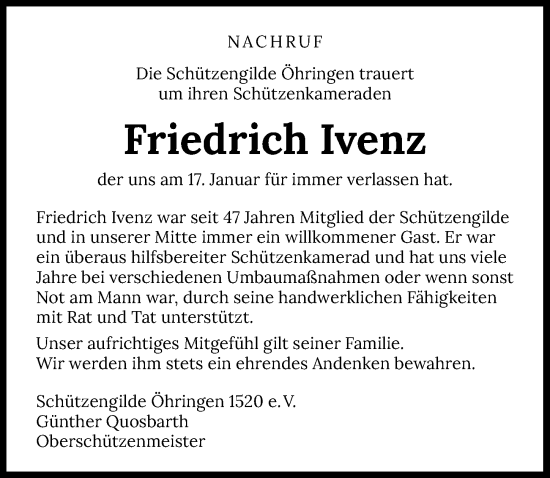 Traueranzeige von Friedrich Ivenz von GESAMT