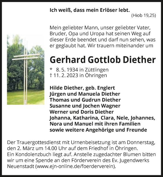 Traueranzeige von Gerhard Gottlob Diether von GESAMT