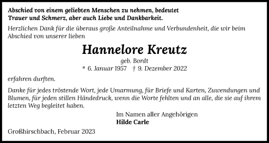 Traueranzeige von Hannelore Kreutz von GESAMT