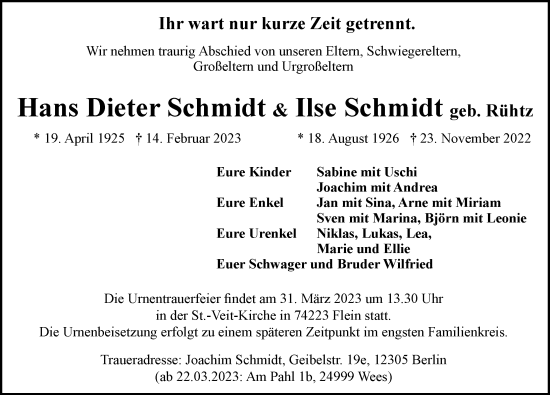 Traueranzeige von Ilse Schmidt von GESAMT