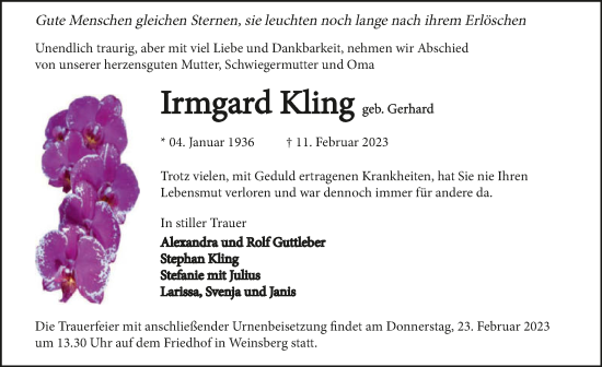 Traueranzeige von Irmgard Kling von GESAMT