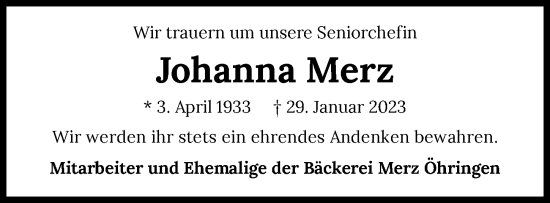 Traueranzeige von Johanna Merz von GESAMT