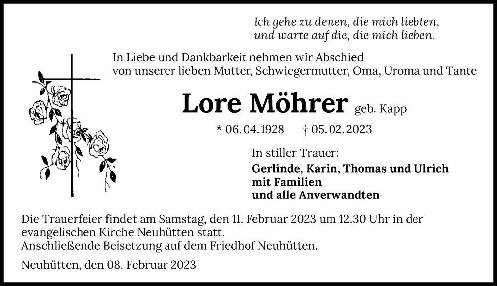  Traueranzeige für Lore Möhrer vom 08.02.2023 aus GESAMT