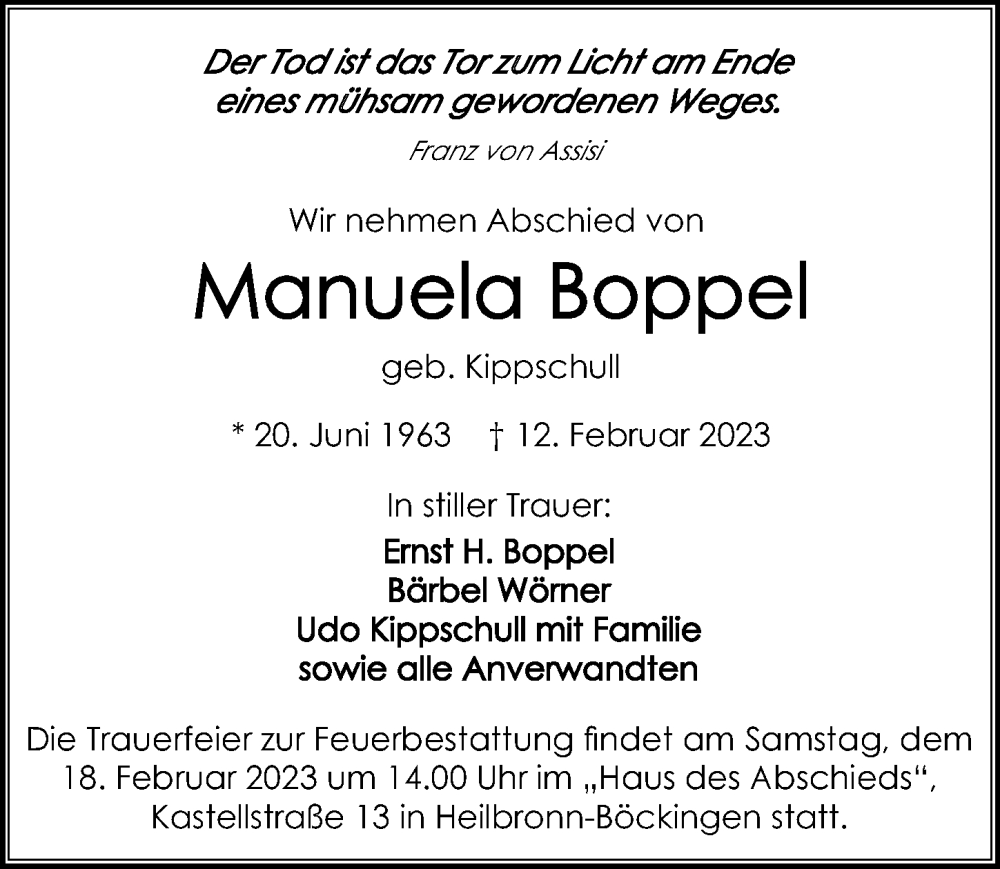  Traueranzeige für Manuela Boppel vom 16.02.2023 aus GESAMT