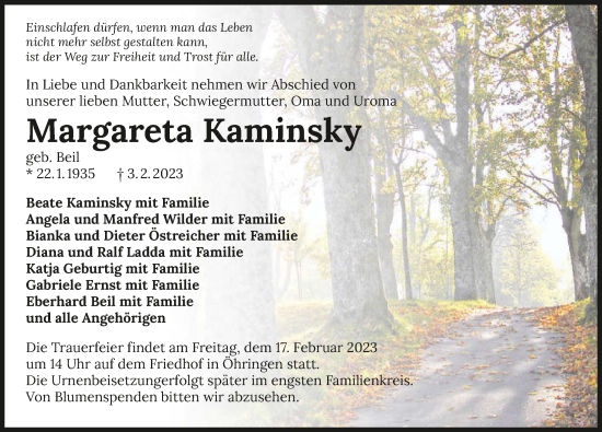 Traueranzeige von Margareta Kaminsky von GESAMT