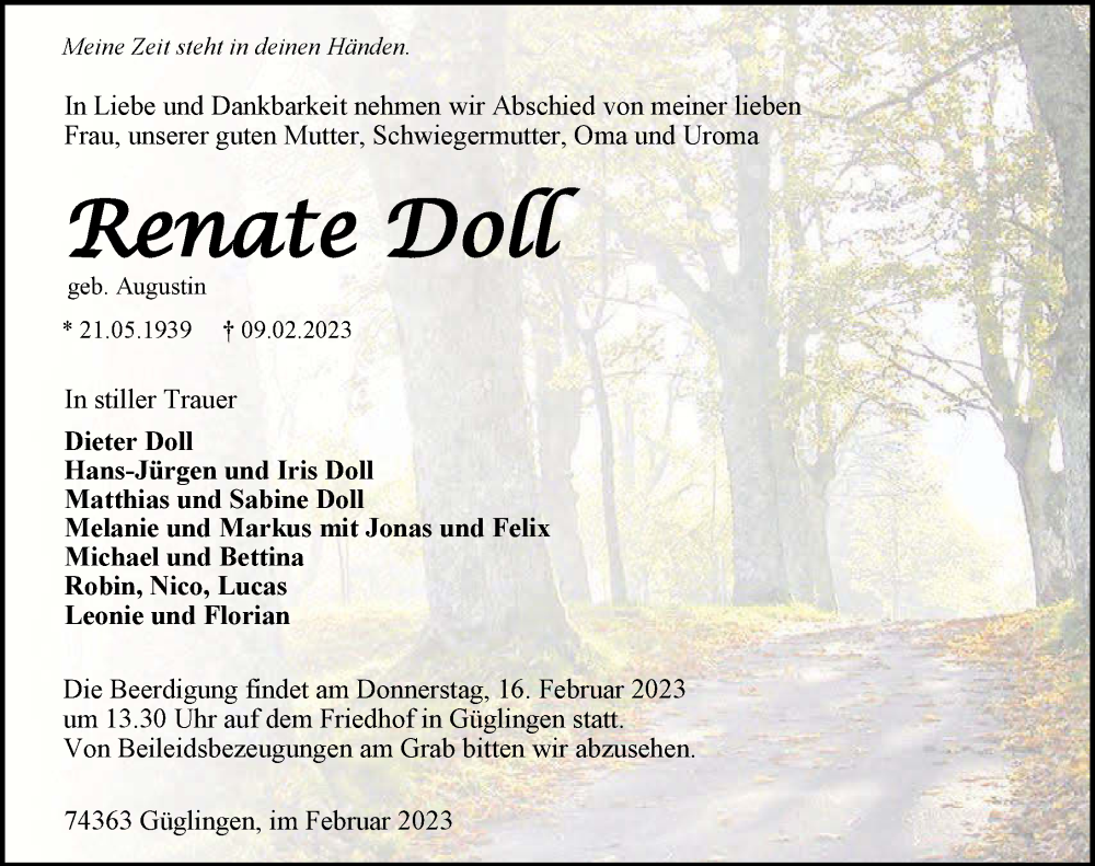  Traueranzeige für Renate Doll vom 11.02.2023 aus GESAMT
