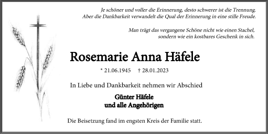 Traueranzeige von Rosemarie Anna Häfele von GESAMT