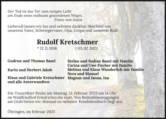 Traueranzeige von Rudolf Kretschmer von GESAMT