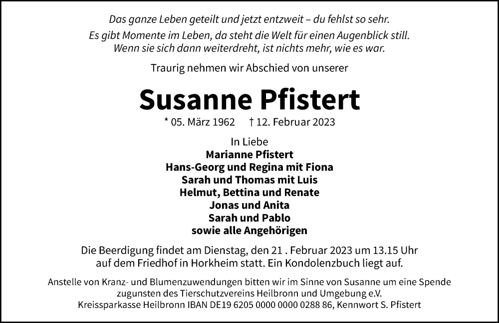  Traueranzeige für Susanne Pfistert vom 17.02.2023 aus GESAMT