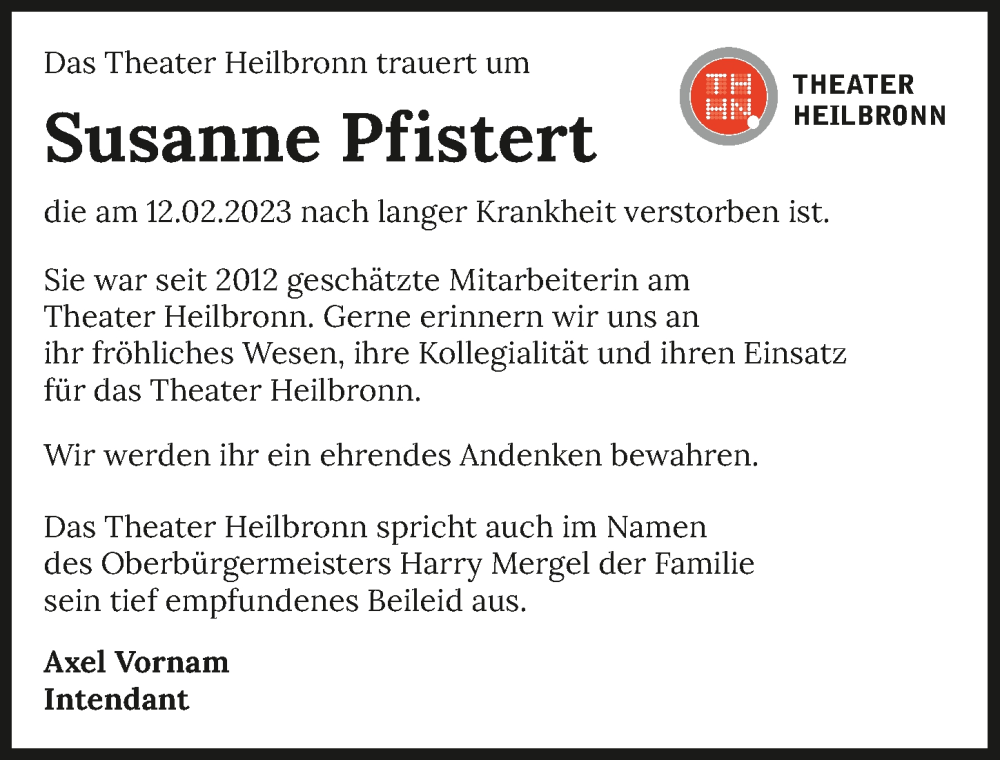  Traueranzeige für Susanne Pfistert vom 21.02.2023 aus GESAMT