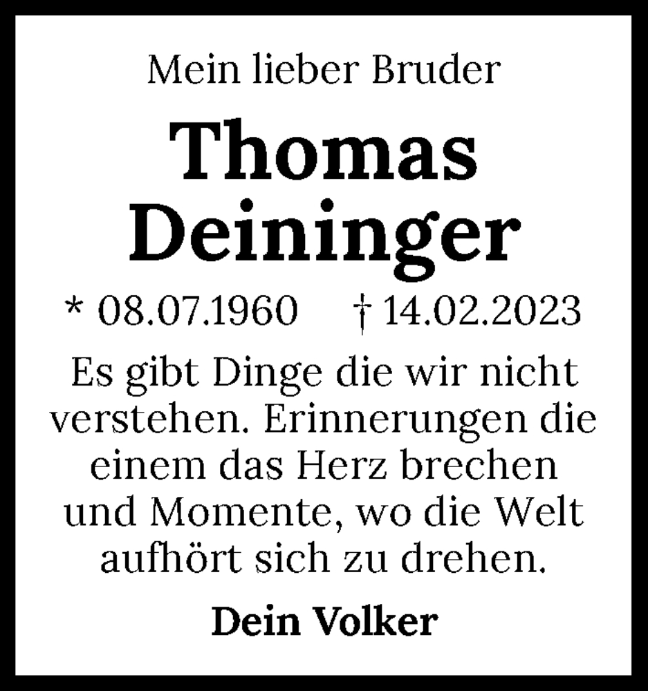  Traueranzeige für Thomas Deininger vom 18.02.2023 aus GESAMT