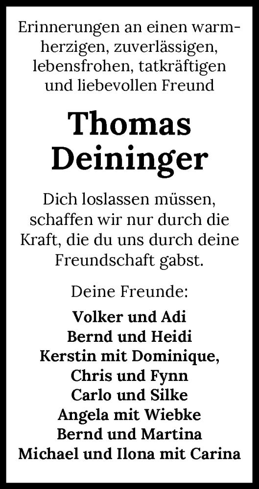 Traueranzeige von Thomas Deininger von GESAMT