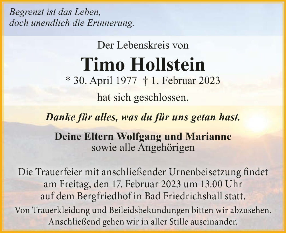 Traueranzeige für Timo Hollstein vom 11.02.2023 aus GESAMT