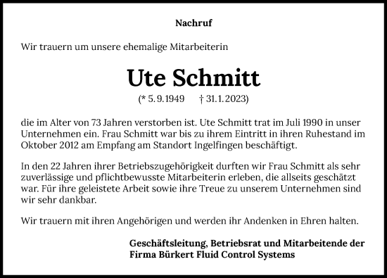 Traueranzeige von Ute Schmitt von GESAMT