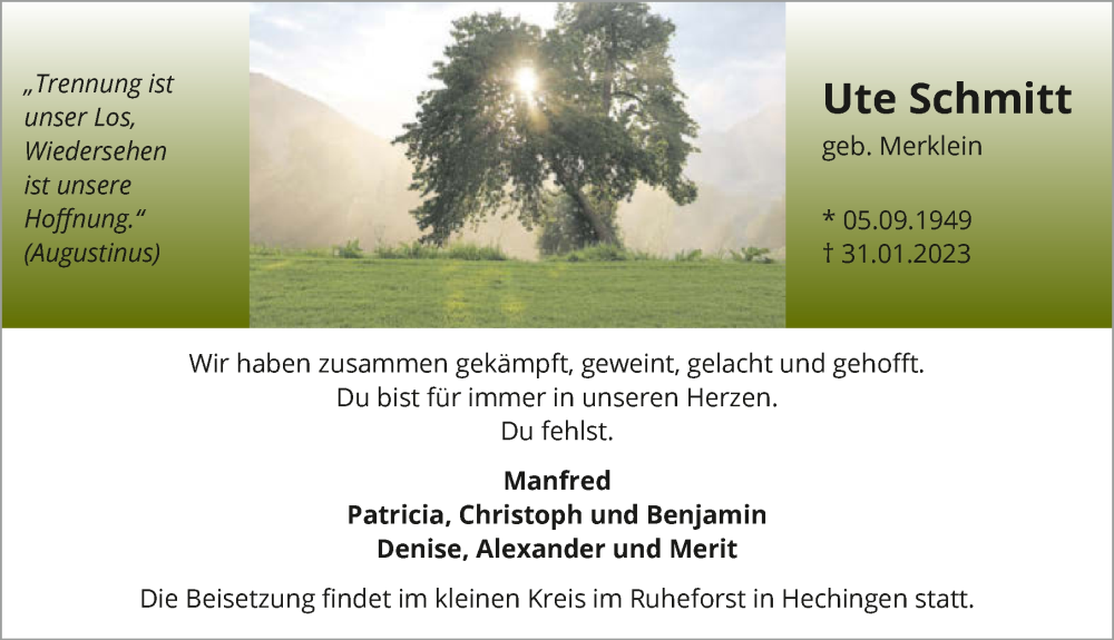  Traueranzeige für Ute Schmitt vom 06.02.2023 aus GESAMT